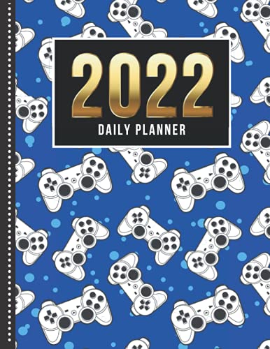 2022 Daily Planner: One Page Per Day Diary / Dated Large 365 Day Journal / White Game Controller - Gaming Gamer Pattern on Blue / Date Book With Notes ... Time Slots - Schedule - Calendar / Organizer