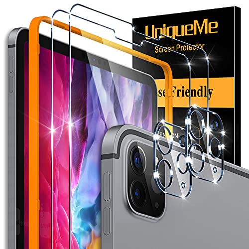 [2+2 Pack]Unique Me Protector de Pantalla Compatible con iPad Pro 2021/2020 12.9“ y [2 Pack] Protector de lente de cámara Cristal Templado, [Cobertura máxima][Sin Burbujas] HD Vidrio Templado
