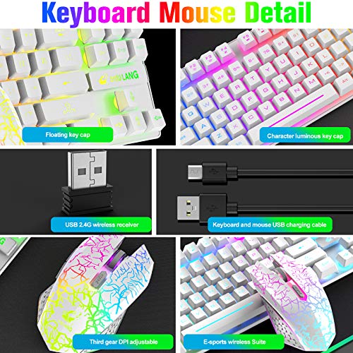 2.4G 3800mAh Inalámbrico Sensación mecánica Teclado para juegos Rainbow LED+Ratón para juegos de 2400DPI+Auriculares para juegos estéreo con cable RGB para PC/ PS4/PS5/XBOX+Alfombrilla de ratón