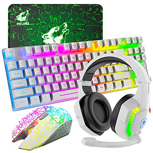 2.4G 3800mAh Inalámbrico Sensación mecánica Teclado para juegos Rainbow LED+Ratón para juegos de 2400DPI+Auriculares para juegos estéreo con cable RGB para PC/ PS4/PS5/XBOX+Alfombrilla de ratón