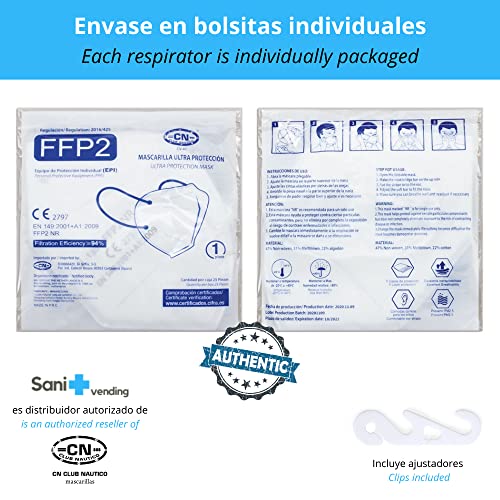 25 uds Mascarilla FFP2 CN Ultra Protección + Estuche Antiséptico + Ajustadores | Homologada CE | desechable - no Reutilizable | 5 capas, tamaño adulto, Color a escoger (Blanco)