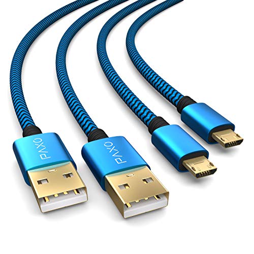 2X 2m Nylon PS4 Cable de Carga para el Controlador de la Playstation 4, Cable Micro USB, Cable de Carga Micro USB, Micro USB, Funda de Tela, Enchufe de Aluminio, Azul-Negro