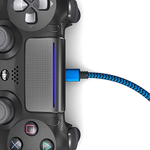 2X 4m de Cable de Carga de Nylon PS4 para el Controlador de la Playstation 4, Cable Micro USB, Cable de Carga Micro USB, Micro USB, Funda de Tela, Enchufe de Aluminio, Azul-Negro
