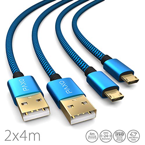 2X 4m de Cable de Carga de Nylon PS4 para el Controlador de la Playstation 4, Cable Micro USB, Cable de Carga Micro USB, Micro USB, Funda de Tela, Enchufe de Aluminio, Azul-Negro