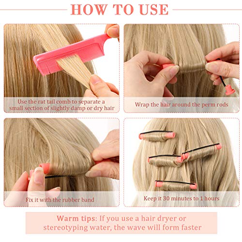 36 Barras de Onda Fría, Varillas de Permanente de Pelo Rodillos de Pelo Rulos de Barras de Permanente con Peines de Cola de Rata de Acero para Peluquería (Rosa, 0,51 Pulgada)