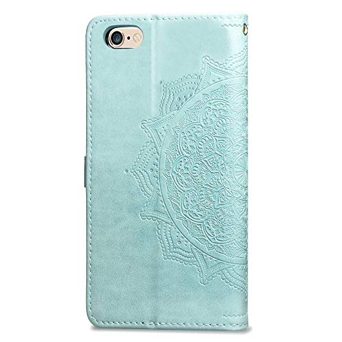 3C Collection Fundas iPhone 6Plus Tapa de Falsa Piel Mandala Verde, Fundas iPhone 6S Plus Libro Iman con Tarjetero, Grabado Flores de Funda para iPhone 6Plus y iPhone 6S Plus Antigolpes Mujer