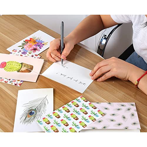 48 unidades, todo ocasión, varios tarjetas de Nota en blanco tarjetas de felicitación Set – 6 diseños de acuarela, Cactus flores plumas de pavo real – con sobres, incluye 10,2 x 15,2 cm