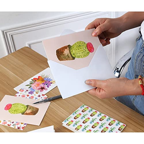 48 unidades, todo ocasión, varios tarjetas de Nota en blanco tarjetas de felicitación Set – 6 diseños de acuarela, Cactus flores plumas de pavo real – con sobres, incluye 10,2 x 15,2 cm