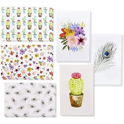 48 unidades, todo ocasión, varios tarjetas de Nota en blanco tarjetas de felicitación Set – 6 diseños de acuarela, Cactus flores plumas de pavo real – con sobres, incluye 10,2 x 15,2 cm
