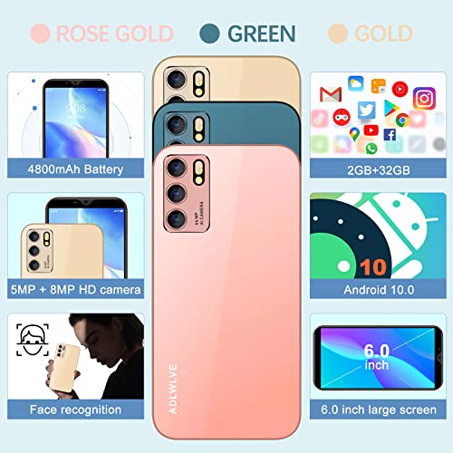 4G Moviles Libres Baratos 6.0 Pulgadas Android 10.0,32GB ROM +2 GB RAM Smartphone Libres Quad Core Teléfono Móvil 4800mAh Face ID, Moviles Baratos y Buenos GPS/WiFi/Hotspot (2*SIM+1*SD) (Rosado)