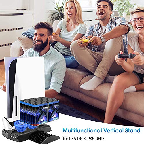 5 en 1 Estación de Carga para PS5, Soporte Vertical con Ventiladores Enfriamiento 14 Ranuras de Juegos LED Indicador Base para Consola DualSense de Edición Digital Ultra HD PlayStation 5, Negro