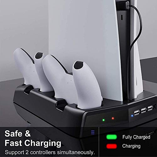 5 en 1 Estación de Carga para PS5, Soporte Vertical con Ventiladores Enfriamiento 14 Ranuras de Juegos LED Indicador Base para Consola DualSense de Edición Digital Ultra HD PlayStation 5, Negro