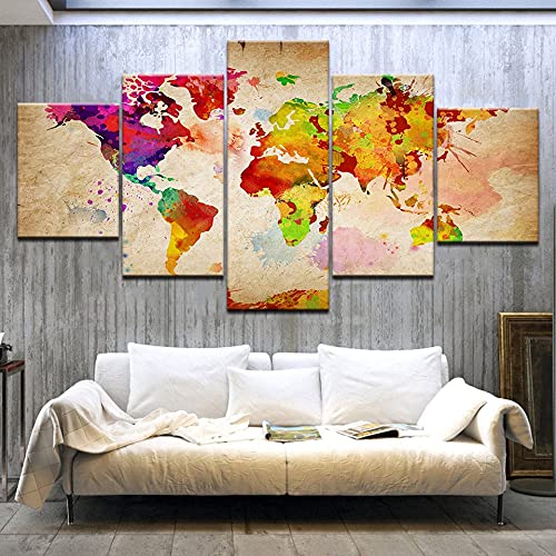5 paneles acuarela mapa del mundo artista de la pared decoración del hogar pintura al óleo impresa en lienzo arte pared imagen A98 M
