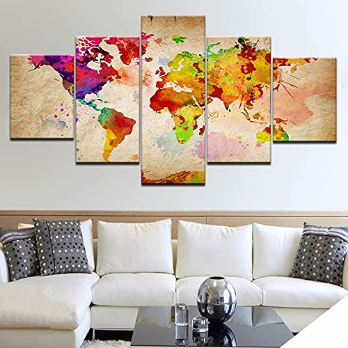 5 paneles acuarela mapa del mundo artista de la pared decoración del hogar pintura al óleo impresa en lienzo arte pared imagen A98 M