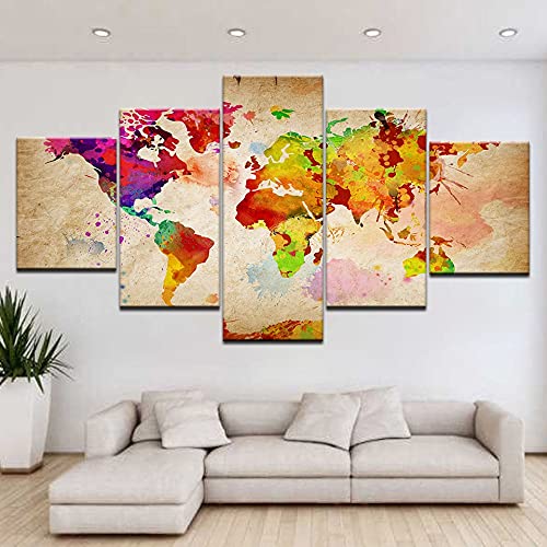 5 paneles acuarela mapa del mundo artista de la pared decoración del hogar pintura al óleo impresa en lienzo arte pared imagen A98 M