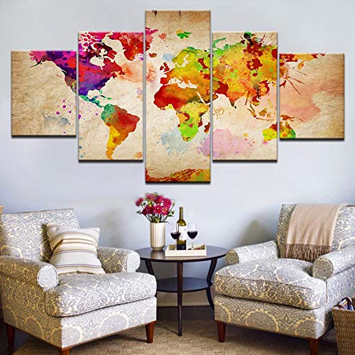 5 paneles acuarela mapa del mundo artista de la pared decoración del hogar pintura al óleo impresa en lienzo arte pared imagen A98 M