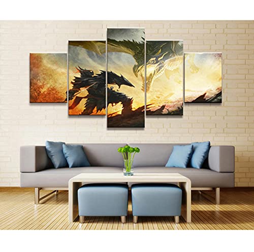 5 paneles con cuadro de lienzo modular enmarcado Elder Scrolls V Skyrim juego pintura póster pared para el hogar lienzo pintura 150x80cm