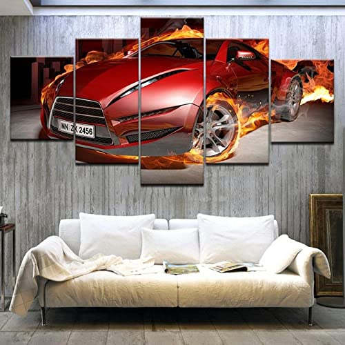 5 Paneles Lienzo Poster Wallfillers Juego De Decoración Dormitorio Cuadro en Lienzo Fuego de coche deportivo rojo Cuadro Multipanel Estilo Abstractos Lienzo Regalo De Pintura