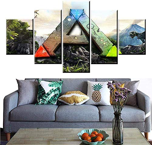 5 piezas de lienzo Cuadro compuesto por 5 lienzos impresos en HD, utilizados para decoración del hogar y carteles (enmarcados) Juego Ark Survival Evolution