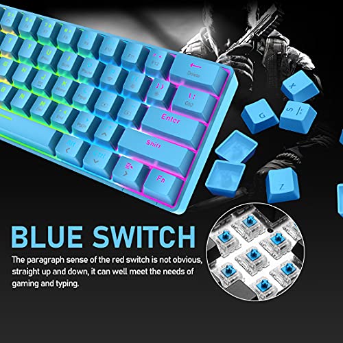 60% teclado mecánico, teclado de juegos con cable tipo C, teclado inalámbrico Bluetooth 5.0 de 61 teclas, teclado de modo dual RGB Rainbow LED, teclas completas anti-fantasma (interruptor azul)