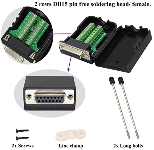 AAOTOKK DB15 Tornillo Terminales Bloque Adaptador D-SUB 15 Pines 2 Hileras DB15 Hembra a 16 Pines Hembra Terminal Conexión en Serie Terminal Conector Módulo Señal con Estuche(2 Unidades/ Hembra)