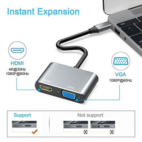 ABLEWE USB C a HDMI y VGA Adaptador, USB C Hub Thunderbolt 3 a HDMI 4K VGA 1080P para MacBook Pro 2019/2018/2017/MacBook Air 2018/Dell XPS 13/Samsung S8/S9/Y etc.