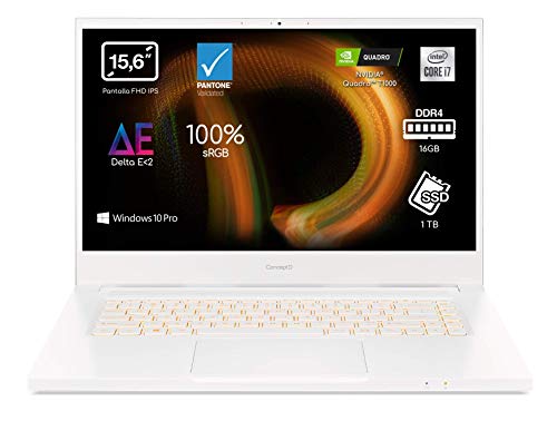 Acer ConceptD 3 Pro CN315-72P - Ordenador Portátil 15.6" Full HD, Laptop (Intel Core i7-10750H, 16GB RAM, 1TB SSD, NVIDIA Quadro T1000, Windows 10 Pro), PC Portátil Blanco - Teclado QWERTY Español