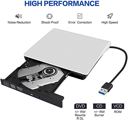 Acetend Unidad de CD DVD externa USB 3.0, grabadora de CD DVD externa delgada y portátil de alta velocidad, reproductor USB óptico para PC, ordenador de sobremesa, portátil, Windows, Linux y Mac OS