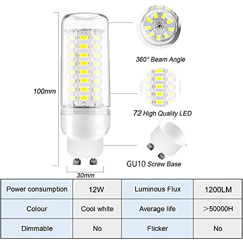 ACXLONG Bombillas LED modernas de maíz GU10 12W 72 SMD 5730 1200LM Blanco frío 6000K No regulable Ángulo de haz de 360 ​​° Brillo total Lámpara LED de ahorro de energía, Paquete de 4
