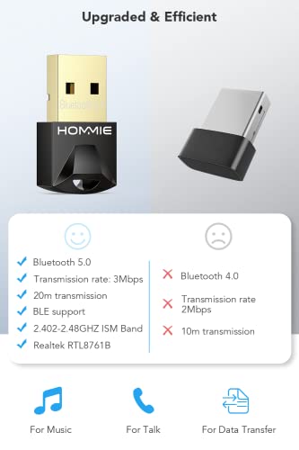 Adaptador Bluetooth 5.0, Hommie Bluetooth USB PC Window 7/8/8.1/10/11, USB Bluetooth para Auricular/Altavoz/Ratón/Teclado,Buletooth USB Play y Plug Emisor Receptor y BLE Tecnología,Auto-Reconexción