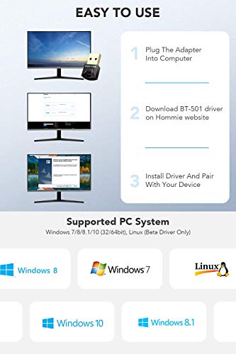 Adaptador Bluetooth 5.0, Hommie Bluetooth USB PC Window 7/8/8.1/10/11, USB Bluetooth para Auricular/Altavoz/Ratón/Teclado,Buletooth USB Play y Plug Emisor Receptor y BLE Tecnología,Auto-Reconexción
