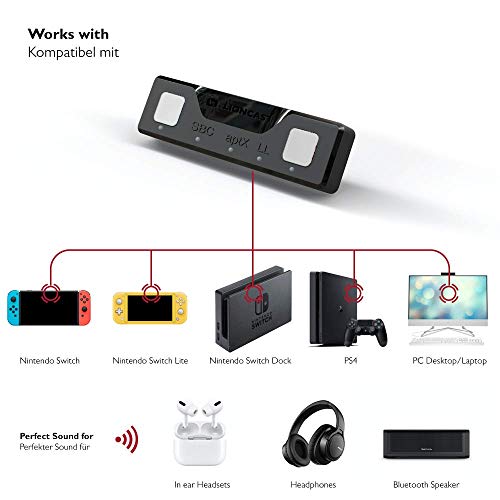 Adaptador Bluetooth para Nintendo Switch Lioncast | Accesorios Nintendo Switch Bluetooth Dongle Aptx Cascos Nintendo Switch | Nintendo Switch/Switch Lite Play 5, PS4, Mac y PC |Rango 10m Bluetooth 5.0