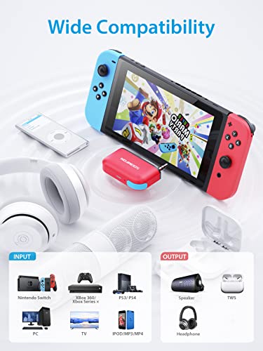 Adaptador Bluetooth para Switch con micrófono - SOOMFON Transmisor Audio Bluetooth 5.0, Baja latencia, Soporte para Chat de Voz,Compatible con Auriculares Bluetooth,Mac y PC, Switch Lite, PS4