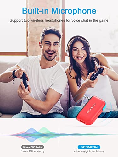 Adaptador Bluetooth para Switch con micrófono - SOOMFON Transmisor Audio Bluetooth 5.0, Baja latencia, Soporte para Chat de Voz,Compatible con Auriculares Bluetooth,Mac y PC, Switch Lite, PS4