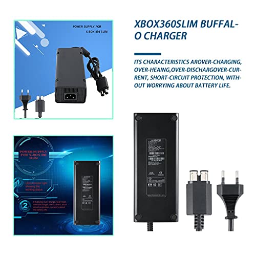 Adaptador de CA 100-240V Cable de Cargador de Fuente de alimentación para X-Box 360 Cargador de Repuesto Ideal Delgado con luz indicadora LED Enchufe de la UE (Enchufe AU Negro)