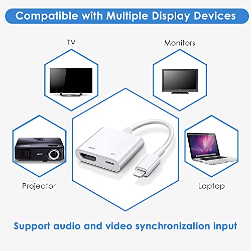 Adaptador HDMI para iPhone a TV, Adaptador AV 1080P Digital para iPad,Conexión HDMI para iPhone a TV/Monitor/Proyector,Compatible con iPhone 13/12/SE/11/XS/XS Max/X/XR/8/7/iPad(Necesita ser recargado)