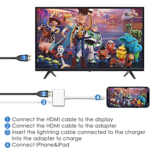 Adaptador HDMI para iPhone a TV, Adaptador AV 1080P Digital para iPad,Conexión HDMI para iPhone a TV/Monitor/Proyector,Compatible con iPhone 13/12/SE/11/XS/XS Max/X/XR/8/7/iPad(Necesita ser recargado)