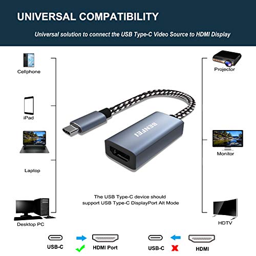 Adaptador USB C a HDMI 4K, Adaptador BENFEI Thunderbolt 3 a HDMI Compatible con MacBook Pro 2019/2018/2017, Samsung Galaxy S10 / S9 y más [Carcasa de Aluminio y Cable de Nailon]
