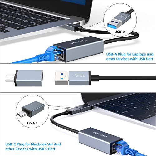 Adaptador USB Ethernet, VKUSRA Adaptador Ethernet a USB C, Aluminio USB 3.0 to RJ45 Gigabit Ethernet con Adaptador USB C para Windows7/8/10, XP, Vista, MacBook Pro/Air, Switch, Fire TV Stick y más