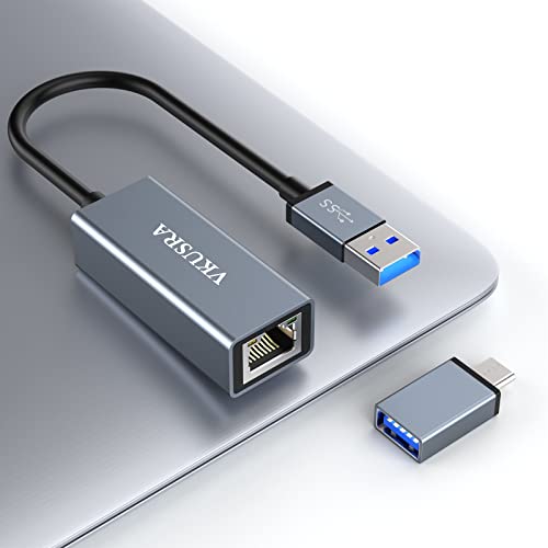 Adaptador USB Ethernet, VKUSRA Adaptador Ethernet a USB C, Aluminio USB 3.0 to RJ45 Gigabit Ethernet con Adaptador USB C para Windows7/8/10, XP, Vista, MacBook Pro/Air, Switch, Fire TV Stick y más