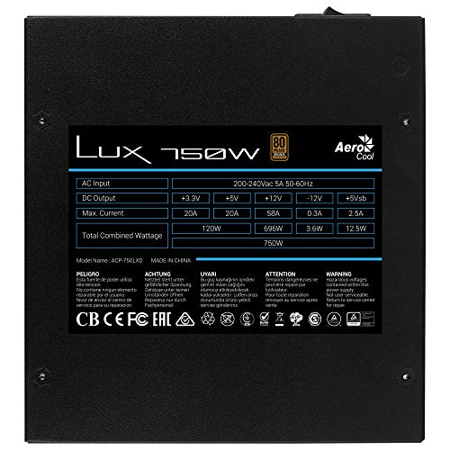 Aerocool LUX - Fuente de alimentación 750W, 230V, 80Plus Bronze, eficiencia 88%+