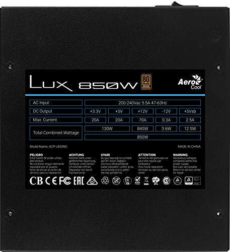 Aerocool LUX850, Fuente Alimentación PC 850W, 80 Plus Bronze 230V 88% Efic, APFC