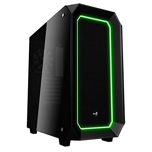 Aerocool P7C0 - Caja gaming para PC (semitorre, ATX, panel lateral vidrio templado, 10 colores y 3 modos de iluminación LED, 7 ranuras de expansión, incluye ventilador trasero 12cm), color negro