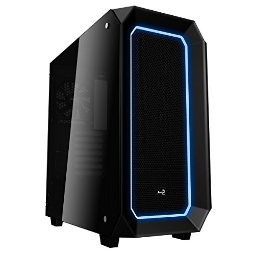 Aerocool P7C0 - Caja gaming para PC (semitorre, ATX, panel lateral vidrio templado, 10 colores y 3 modos de iluminación LED, 7 ranuras de expansión, incluye ventilador trasero 12cm), color negro