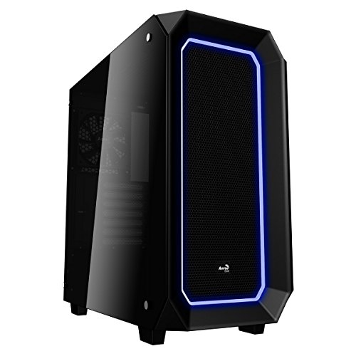 Aerocool P7C0 - Caja gaming para PC (semitorre, ATX, panel lateral vidrio templado, 10 colores y 3 modos de iluminación LED, 7 ranuras de expansión, incluye ventilador trasero 12cm), color negro