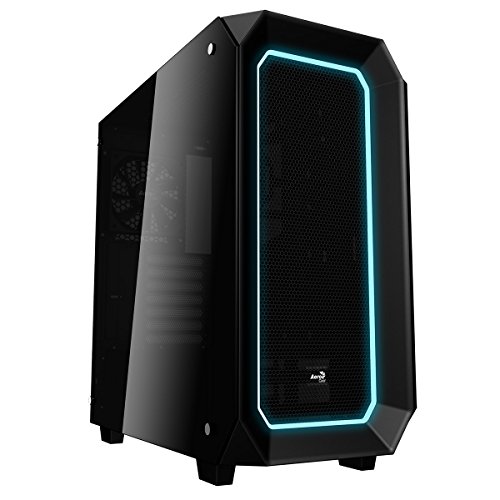 Aerocool P7C0 - Caja gaming para PC (semitorre, ATX, panel lateral vidrio templado, 10 colores y 3 modos de iluminación LED, 7 ranuras de expansión, incluye ventilador trasero 12cm), color negro