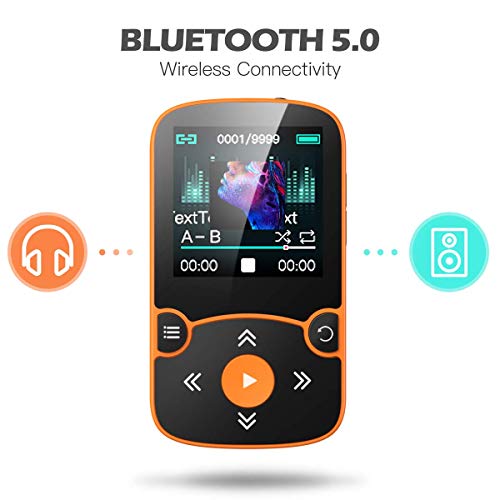 AGPTEK 32GB Clip Reproductor MP3 Deportivo Bluetooth 5.0, HiFi MP3 Player Portátil sin Pérdida, Radio FM, Podómetro Inteligente, Fotos, Soporta hasta 128 GB, Nanranja