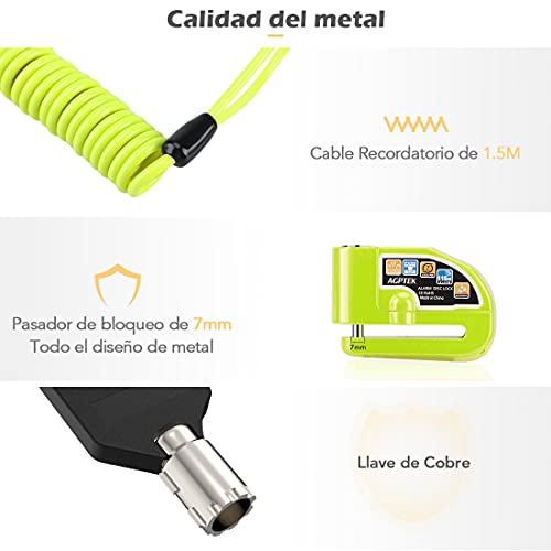 AGPTEK Candado Disco Moto con 1.5M Cable de Recordatorio, Candado Bloqueo 7mm con Alarma 110DB Antirrobo para Motos, Motocicletas, Bicicletas, Verde