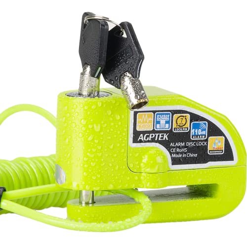 AGPTEK Candado Disco Moto con 1.5M Cable de Recordatorio, Candado Bloqueo 7mm con Alarma 110DB Antirrobo para Motos, Motocicletas, Bicicletas, Verde
