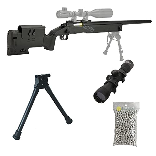 Airsoft Paquete Completo con Accesorios - Arma para Airsoft, Double Eagle Modelo M62 Sniper, con Resorte, 0,5 Julios, Colore Nero, Recarga Manual